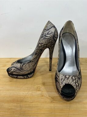 Casadei 6 B Black Lace Peep-Toe Platform Pumps high heels Italy 145mm stiletto
